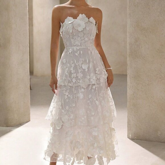 White Elegant Women's 3d Floral Decor Strapless Party Dress - Picture 3 of 7